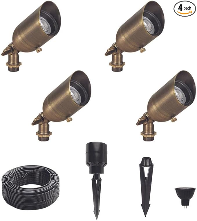 12V Brass Outdoor Spotlight 4-Pack Kit (Bronze) with 5W 2700K Warm White MR16 LED Bulbs for Low Voltage Landscape Lighting of Yard, Lawn, Garden, Patio, Trees & House