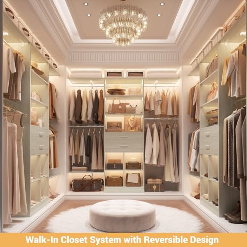 Small Closet System - 5FT Closet Organizer System with Wooden Drawers, 60 Inches Walk In Closet System With 5 Hanging Rods, Can Fit 1.58 to 6.8 FT with Reversible Hanging Shelving, Greige Oak - color: Greige Oak, size: 5FT