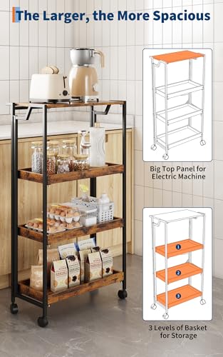 Garvee Large 4-Tier Wooden Folding Storage Shelf Cart with Locking Wheel, Expandable Kitchen Organizer Rack, 100 Lbs Loading Heavy Duty Garage Shelving, Easy Foldable No Assembly Required