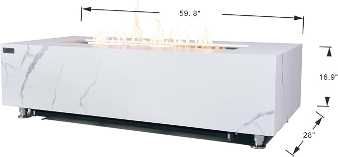 Elementi+ | Bundle Carrara Gas Fire Pit | Marble Porcelain & Metal Frame | 60" Rectangular Fire Table | Electronic Ignition | Canvas Cover, Fire Glass & Burner Lid Included | White | Propane Gas