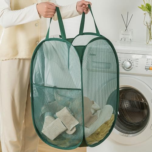 2Pack Collapsible Laundry Basket with Side Pocket, Mesh Pop Up Hamper Portable Carrying Handle, Cruise Room Storage Basket (Beige+Green) - color: Beige+Green