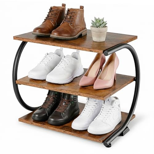 C-Shaped 3-Tier Shoe Rack with Metal Frame & Adjustable Feet - Compact Organizer for Entryway, Closet, Hallway (Holds 11 lbs/Shelf) - size: 17.32" X 11.81" X14.76"