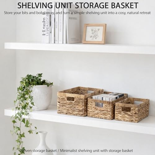 Storage Baskets,Woven Natural Water hyacinth Box with Handle,Kingwillow.(Set of 3) - size: Set of 3