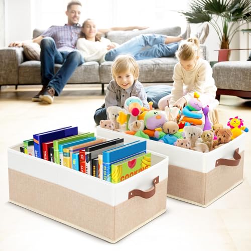 6 Pack Fabric Storage Bins, Large Storage Baskets for Shelves, Foldable Closet Organizer Storage Boxes with Leather Handles for Clothes, Sheets, Jeans, Toys, Books (Beige and White) - style: 6 Pack Beige & White
