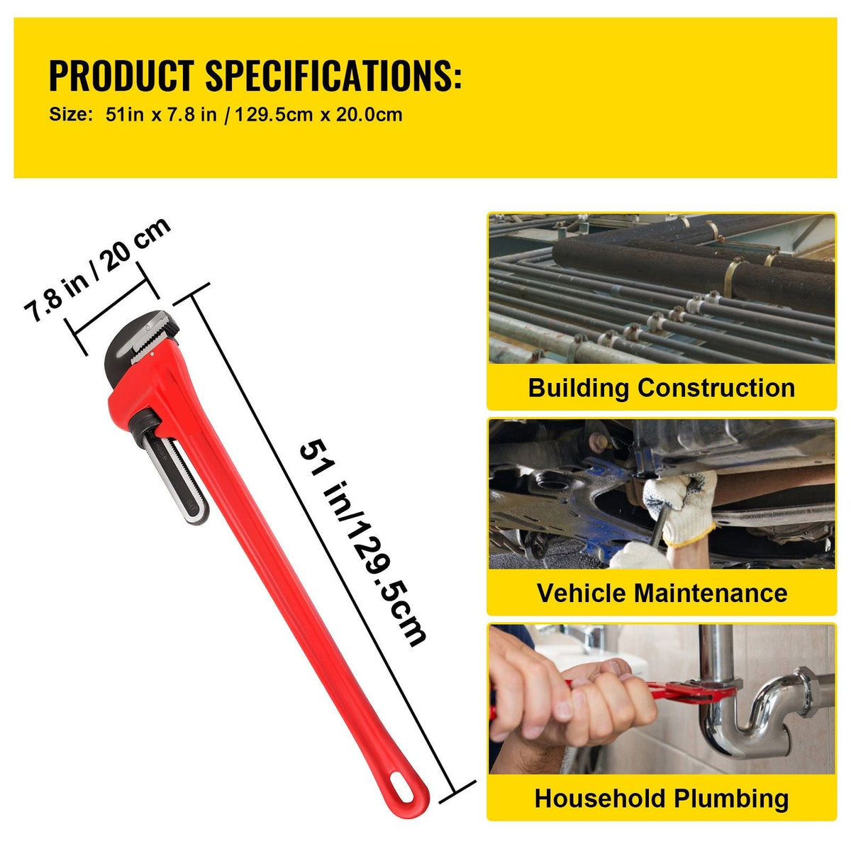 51" Cast Iron Handle Heavy-Duty Hook Jaw Straight Pipe Wrench