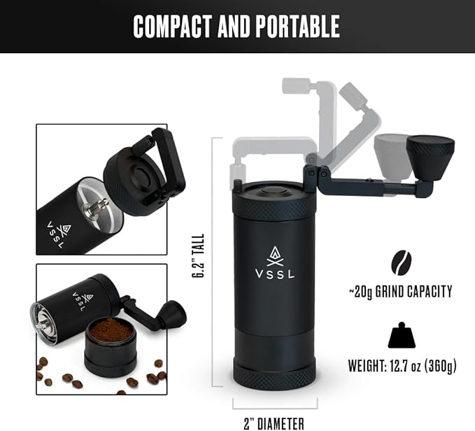 VSSL JAVA Manual Hand Coffee Grinder. 50 adjustable grind settings for Aeropress, French Press, Drip Coffee, Espresso with best-in-class stainless steel burrs. 20g capacity Black 6''