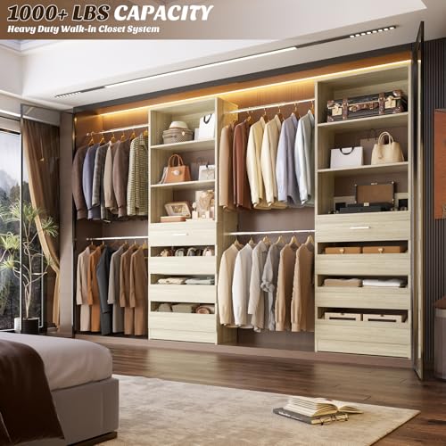 Aheaplus Closet System, 4-9Ft Closet Organizer with 4 Wooden Drawers, Wood Closet Organizer System with Tower, Walk-in Closet Organizer Wardrobe Garment Clothes Rack with 4 Hanging Rods, 2White Oak - color: White Oak