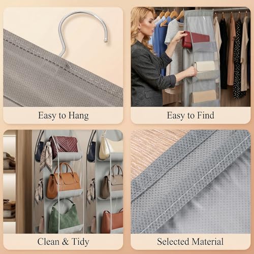 4-Pack Hanging Purse Organizer for Closet, Purse Storage Holder with 8 Clear PVC Pockets, Space Saving Handbag Hanger for Wardrobe Door Wall, Foldable Non-Woven Fabric, Gray