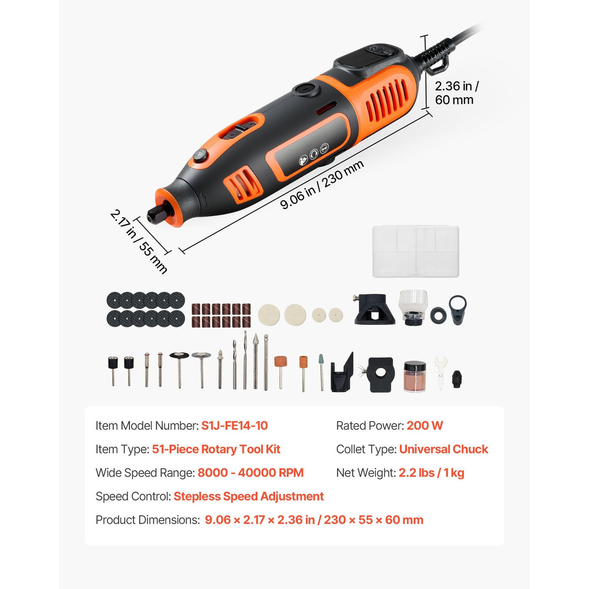 51-Piece Rotary Tool Kit, 200W Mini Power Rotary Tool Corded, 8000-40000RPM Multi-Purpose DIY Tools with Universal Chuck for Engraving, Sanding, Grinding, Polishing, Cutting, DIY Crafts