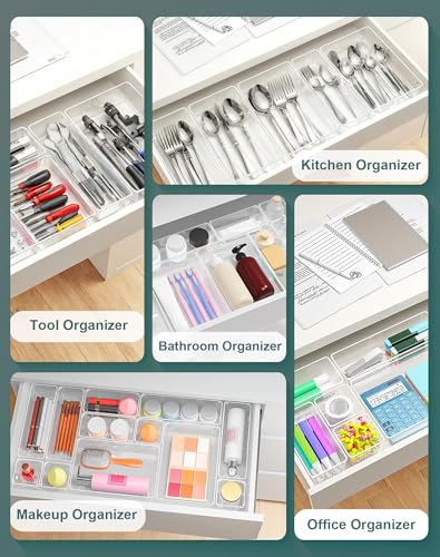 30Pcs Clear Plastic Drawer Organizers Set, 4size makeup drawer organizer trays for vanity,desk,bathroom,office,nightstand,gadgets for kitchen drawer, Versatile drawer divider storage bins - size: 30P