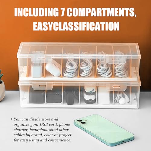 Charger Organizer, Cable Cord Organizer Box (2PCS) - Adjustable Dividers, 16 Cable Ties, Clear Charger Storage Box for Cable, Phone, Drawer Organization
