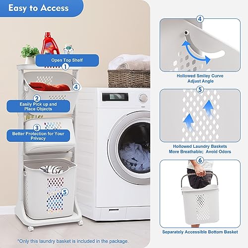 Laundry Basket, 3 Tiers Storage Basket Plastic Clothes Hamper Movable Clothes Hamper Bathroom Hampers With Wheels,Portable Freestanding Dirty For Laundry Room Organization