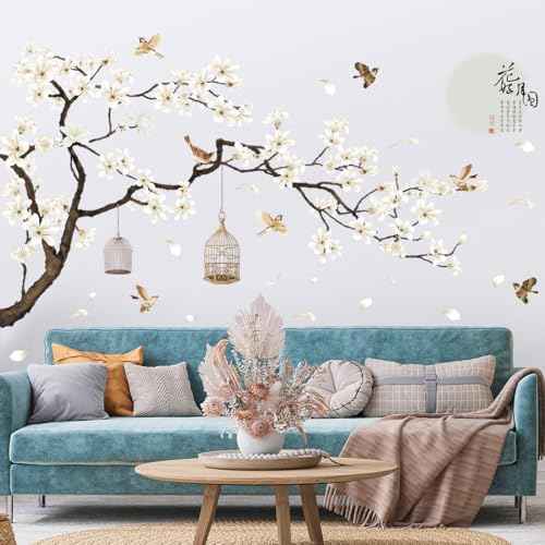 Chinese Style White Flowers Black Tree and Flying Birds Wall Stickers Removable DIY Wall Art Decor Decals Murals for Offices Home Walls Bedroom Study Room Wall Decaoration, 50inchx74inch