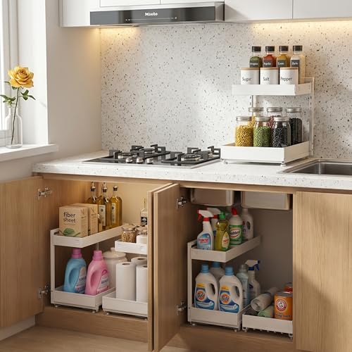 TATAANTY Under Sink Organizer 2 Pack, 2 Tier Metal Under the Sink Storage, Heavy Duty Slide out Pull out Cabinet Organizer, Height Adjustable for for Kitchen Bathroom Pantry Closet Organization Rack