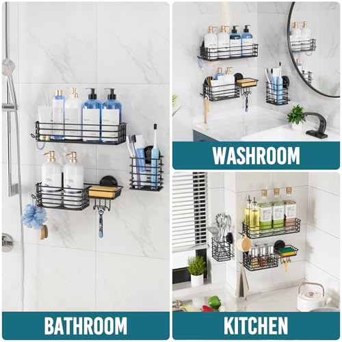 TAILI Shower Caddy Suction Cup, 3 Pack Shelves for Inside with Hooks & Soap Holder Toothbrush Cups, Removable Bathroom Organizer, Rustproof Black Shelves - style: 3 × Black