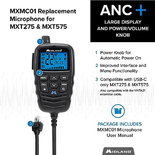 Midland ? MXMC01 | Replacement Microphone for MXT275 & MXT575 ? ANC Automatic Noise Canceling Electronic Microphone ? Off-Roading Loud and Open-Air Vehicle - GMRS Farming Overlanding