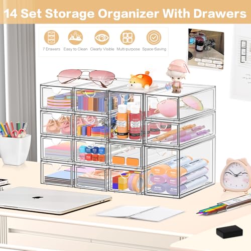 Desk Organizer with 14 Drawers, FODIENS 14 Packs Acrylic Stackable Desktop Storage Drawer Makeup Organizer, Clear Craft Storage Box Cabinets for Office Vanity Countertop Bathroom Bedroom - size: 14 Drawers