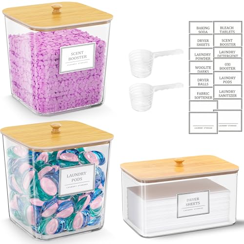 2+1 Pack Laundry Pods Container,Clear Laundry Detergent Powder Storage Containers,Laundry Room Organization Containers with Wooden Lids & Labels,Laundry Pods Holder for Scent Booster,Dryer Ball - style: 2+1 Pack