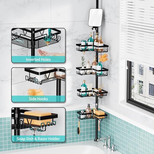 KEGII Shower Caddy Tension Pole - Adjustable Rustproof Corner Bathroom Organizer with Fogless Shower Mirror, 25–114.2 Inch No-Drill Bathroom Storage, Black - style: Tension Caddy with Mirror - Black