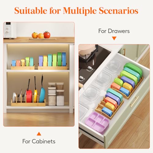 Lifewit Bamboo Lid Organizers for Inside Cabinet, Food Storage Container Lid Holder with 5 adjustable Inserts & 6 Sections, Kitchen Pantry organizer and storage, Large, 13.2" x 10"/34 x 25cm - size: Large(13.2" x 10")