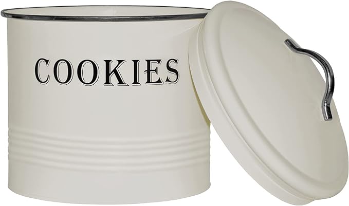 Blue Donuts Vintage Cookie Jar - Airtight Counter Cookie Container, Ivory Tin with Lid for Gift Giving, Large Capacity