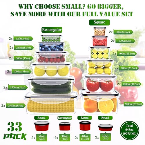 RockBerry 66 Pcs Large Food Storage Containers with Lids Airtight-Total 19075ML Stackable Kitchen Bowls Set(31 Containers,31 Lids) 2500ML to Small Box-BPA Free Leak proof Plastic Boxes-Microwave safe - color: 66Pcs