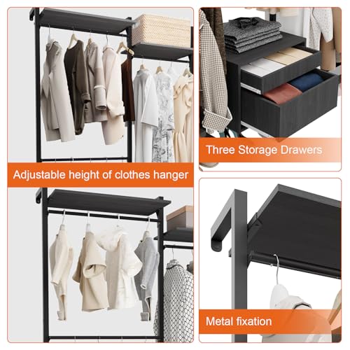 Wall-Mounted Steel & Wood Closet Organizer System with 4 Adjustable Shelves, 5 Hanging Rods, and 2 Drawers – Modern Open Wardrobe, Black - color: BC03-black