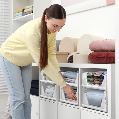 Sorbus 4 Pack Folding Closet Shelf Organizer for Clothes, Versatile Stackable Storage Baskets for Closet, Bathroom, Kitchen and Garage with Easy Access Open Front Design, Plastic Organizer Shelves - size: 4 Small