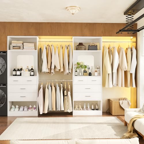 Unikito Closet Systems, 6-14FT Walk in Closet Organizer with 8 Drawers and Mirror, 168" Large Wood Closets Insert with Tower, Sturdy Wardrobe Closets Garment Rack with Extendable Hanging Rods, White