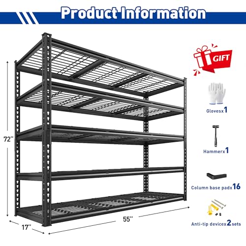 REIBII 55" W Garage Shelving Unit, 5-Tier Adjustable Rivet Metal Shelves, 2800 LBS Industrial Steel Storage Shelves with Reinforced Mesh, for Warehouse Basement Pantry, Shed, Black, 72" H x 17.7" D - size: 55"Wx17"D x 72"H