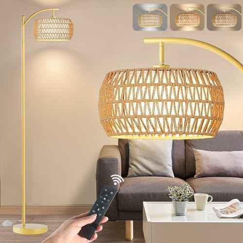Arc Floor Lamp for Living Room,Farmhouse Floor Lamps with Remote Control & Dimmable Bulb,Gold Boho Rattan Tall Standing Lamp for Bedroom Office