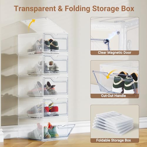 XX-Large Shoe Sneaker Storage Boxes for Size 14, Stackable & Thicken Clear Plastic Shoe Organizers 16 Packs for Entryway Closet Under Bed, Shoe Storage Cabinets Container Display Case w/ Magnetic Door - size: 16 packs