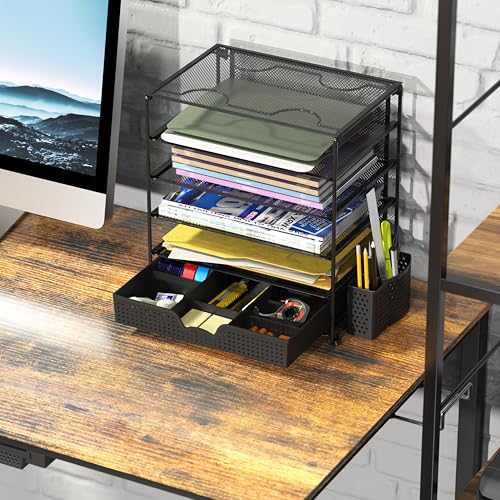 Simple Houseware 5-Tier Document File Tray with Supplies Sliding Drawer and Pen Bucket, Black