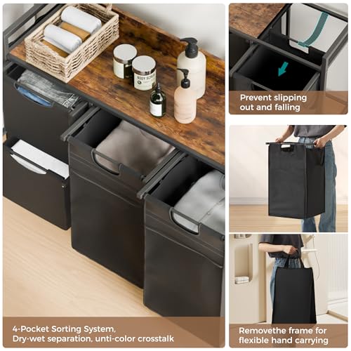 Mondeer Laundry Sorter with 4 Section, 150L Laundry Hamper with Wheels, Laundry Basket with Small Side Pockets and Pull-Out Removable Liners,for Laundry Room Bedroom Bathroom - size: 150L