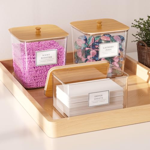 HomePekite 2 Pack Laundry Pods Container,Laundry Room Organization and Storage Containers with Wooden Lids & Labels Large Laundry Detergent Container for Powder,Scent Booster,Pods,Dryer Ball - style: 2 Pack