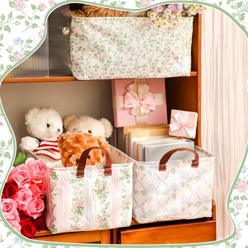 Boao 3 Pcs Blue Hydrangea Storage Bin Fresh Style Floral Collapsible Large Storage Baskets for Gifts Canvas Laundry Basket Foldable Box with Handle for Office Home Bedroom Clothes - style: Blue Floral