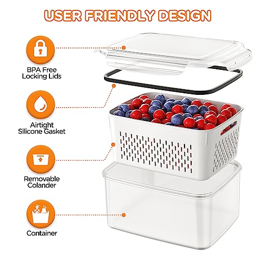 6 PCS Fruit Storage Containers for Fridge with Removable Colanders, 6 Plastic Food Storage Containers with 6 Lids, Leakproof Produce Containers Keep Fruits, Vegetables, Berry, Meat Fresh Longer - color: 6P white