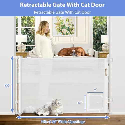 Retractable Baby Gates with Cat Door 80" Wide Retractable Dog Gate with Pet Door Outdoor Retractable Gate for Dogs Retractable Pet Gate with Door Mesh Baby Gate Retractable Mesh Dog Gate (White)