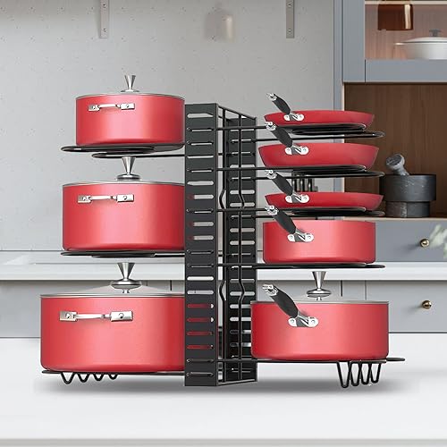 Podxco Pot and Pan Organizer for Under Cabinet, 8 Tiers Adjustable Pan Organizers Inside Cabinet with 3 DIY Methods, Upgrade of Pan Organizer Balance Ability, Kitchen Pan Rack Organizer for Cabinet