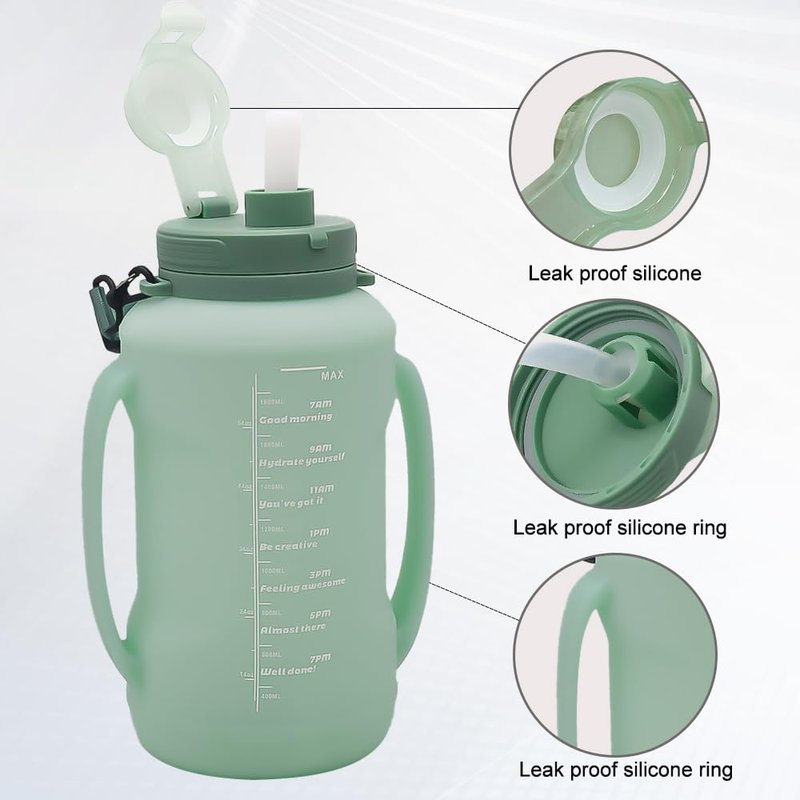 LELExilan 64oz Foldable Silicone Water Bottle with Straw, BPA-Free Motivational Time Marker, Leakproof Collapsible Water Jug with Handle for Gym, Sports, Camping & Outdoor Activities (Green)