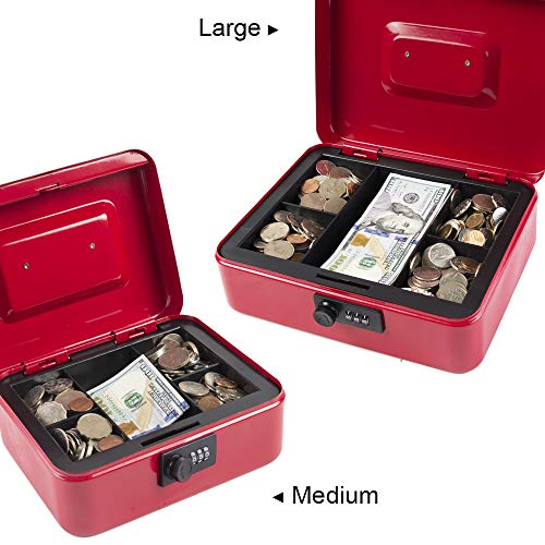 KYODOLED Large Cash Box with Combination Lock Safe Metal Money Box with Money Tray for Security Lock Box 9.84"x 7.87"x 3.54" Red Large - color: Red, size: Large