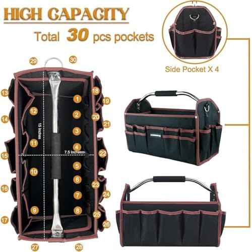20 In Tool Carrier, Open Top Tool Tote 30 Pockets, Waterproof Tool Bag For Men, Foldable Wide Mouth Electricians Tool Bag, With Stainless Steel Handle and Removable Shoulder Strap
