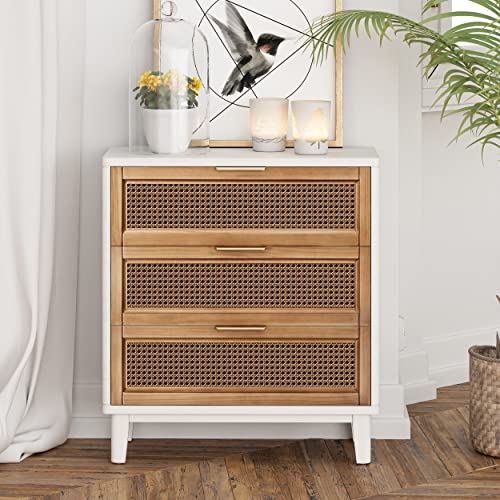 COZAYH Farmhouse 3-Drawer Nightstand, Set of 2 Rattan Cane Front Accent Dresser with Brass Pull, Distressed White - color: Distressed White, style: 3 Drawer/2 pack