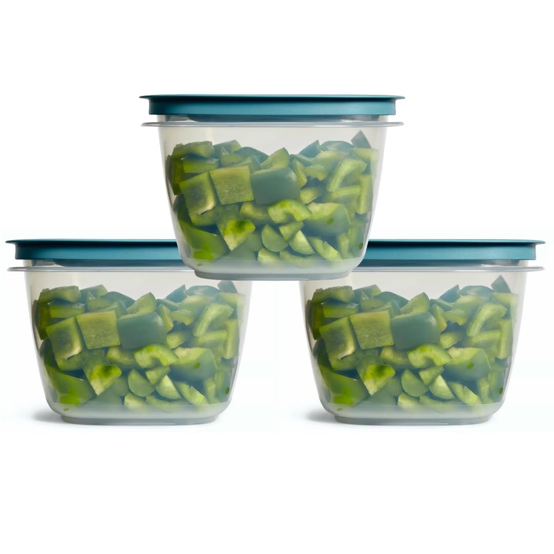 Rubber maid Storage Containers, Easy Find Lids, Teal, 3 cup, Flex & Seal, Leak Proof Lids, Food Storage Set, Clear Meal Prep Flex Containers, 3 Piece Set, Utenselux