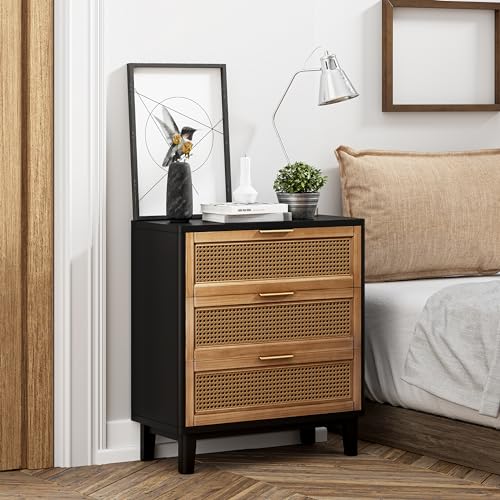 COZAYH Farmhouse 3-Drawer Nightstand, Set of 2 Woven Cane Front Accent Dresser with Brass Pull, Fully-Assembled, Black - color: Black, style: 3 Drawer/2 pack
