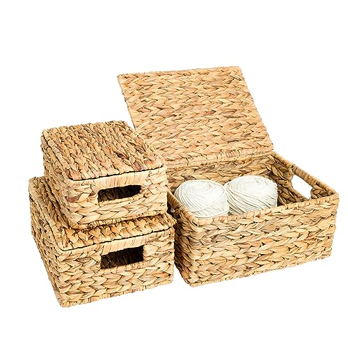 Wicker Storage Baskets, Hand-Woven Rectangular Wicker Basket with Lid for Bedroom & Living Room, Nesting Rattan Basket for Shelves (Water Hyacinth, 3-Pack)