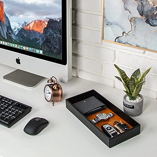 JACKCUBE Design Leather Bamboo Valet Tray for Men, Catch All Trays for Key, Phone, Wallet, Coin, Sunglasses, EDC Dump Storage (Black) - MK205A - color: Black