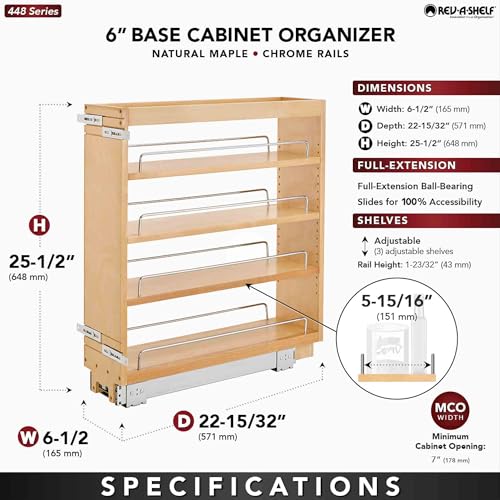 Rev-A-Shelf 6.5 in Pullout Kitchen Cabinet Storage Organizer Slide Out Pantry Spice Rack with Adjustable Shelves, Natural Maple, 448-BC-6C - Home Organizing System for Pots, Pans, and Utensils - size: 6"W"
