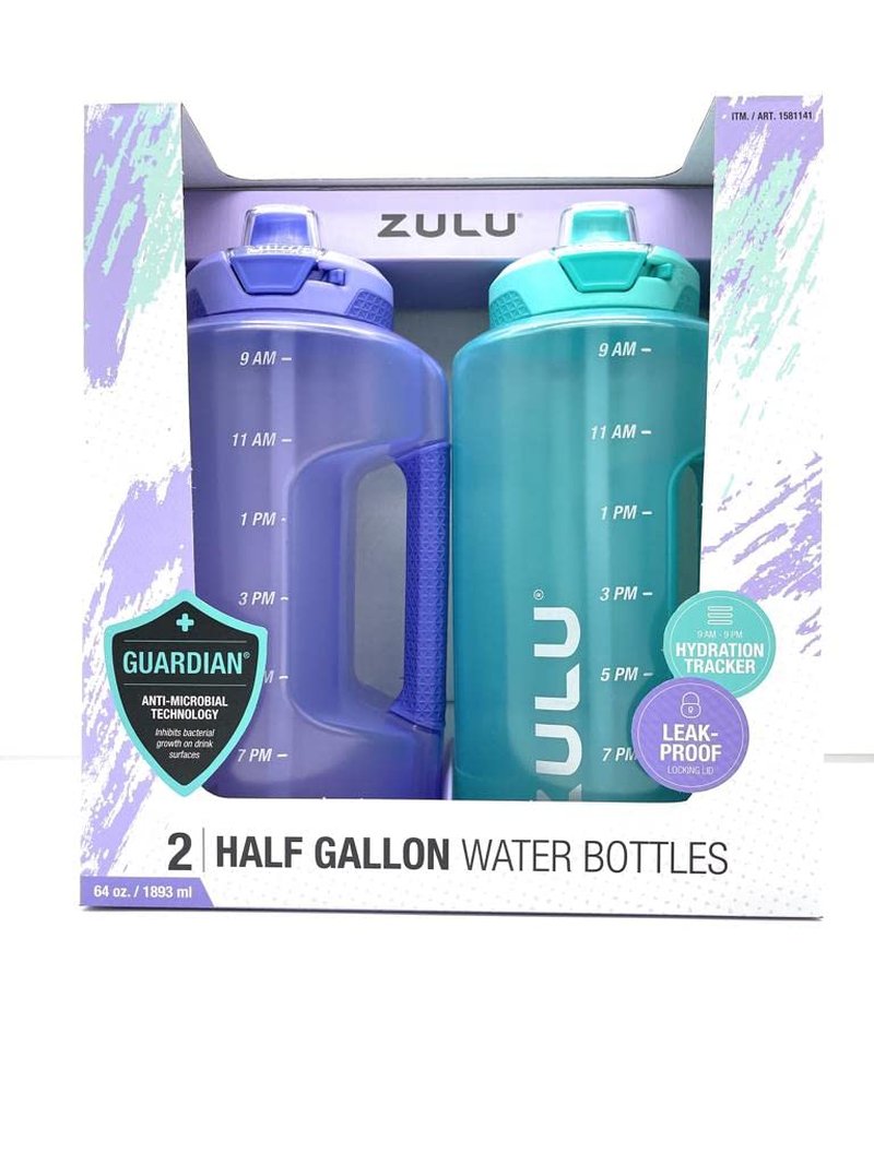 ZULU Half Gallon Water Bottles with Hydration Tracking Time Markers, 2 Pack, 64 Oz (Grape/Aquaviva)