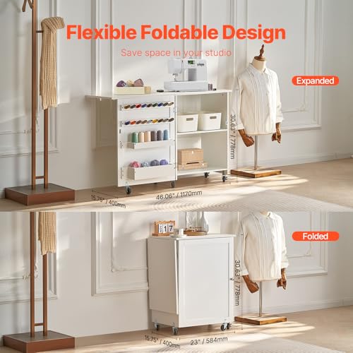 VEVOR Folding Sewing Table, Multipurpose Sewing Machine Table with Compact Design, Wheels, Shelves, Storage Trays, Wooden Pegs, and Magnetic Doors, Sewing Desk Cabinet for Sewing Machine, White - size: White w/o Cabinet